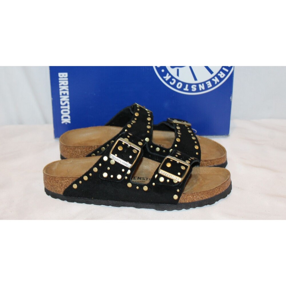 Birkenstock Women's Arizona Suede Rivet Sandals Black EU 40 NARROW NWOB